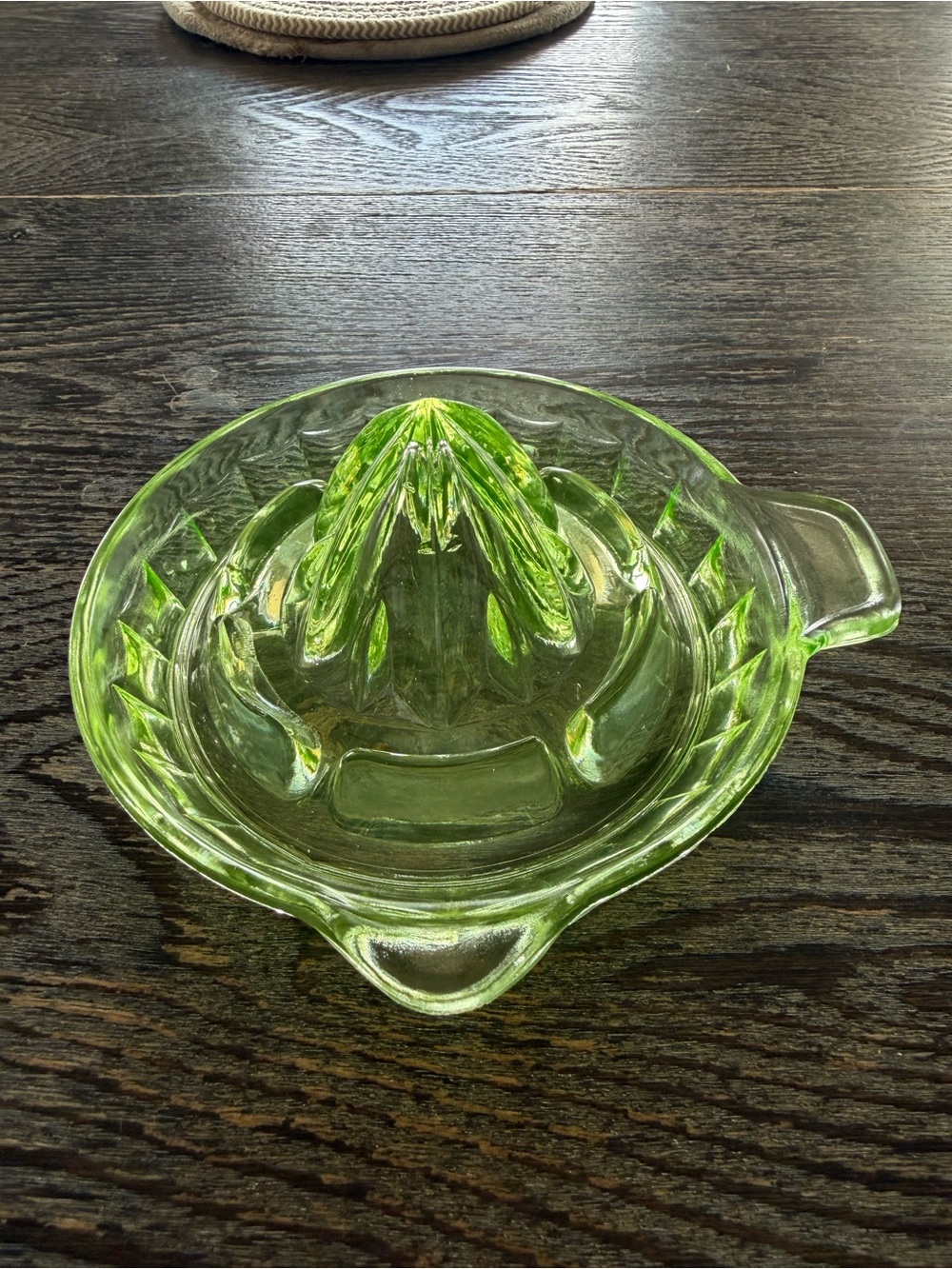 Green Glass Citrus Juicer possibly Hazel Atlas Uranium glass